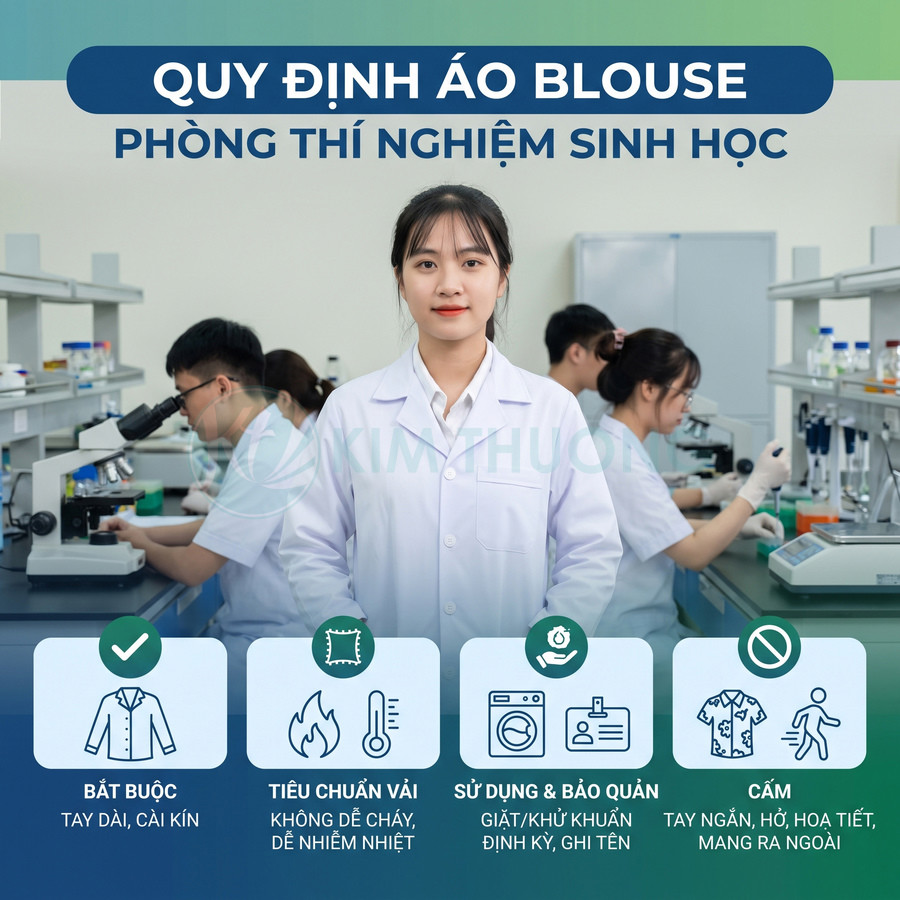 Áo blouse phòng thí nghiệm sinh học tay dài, cài kín, làm từ vải khó cháy và dễ khử khuẩn