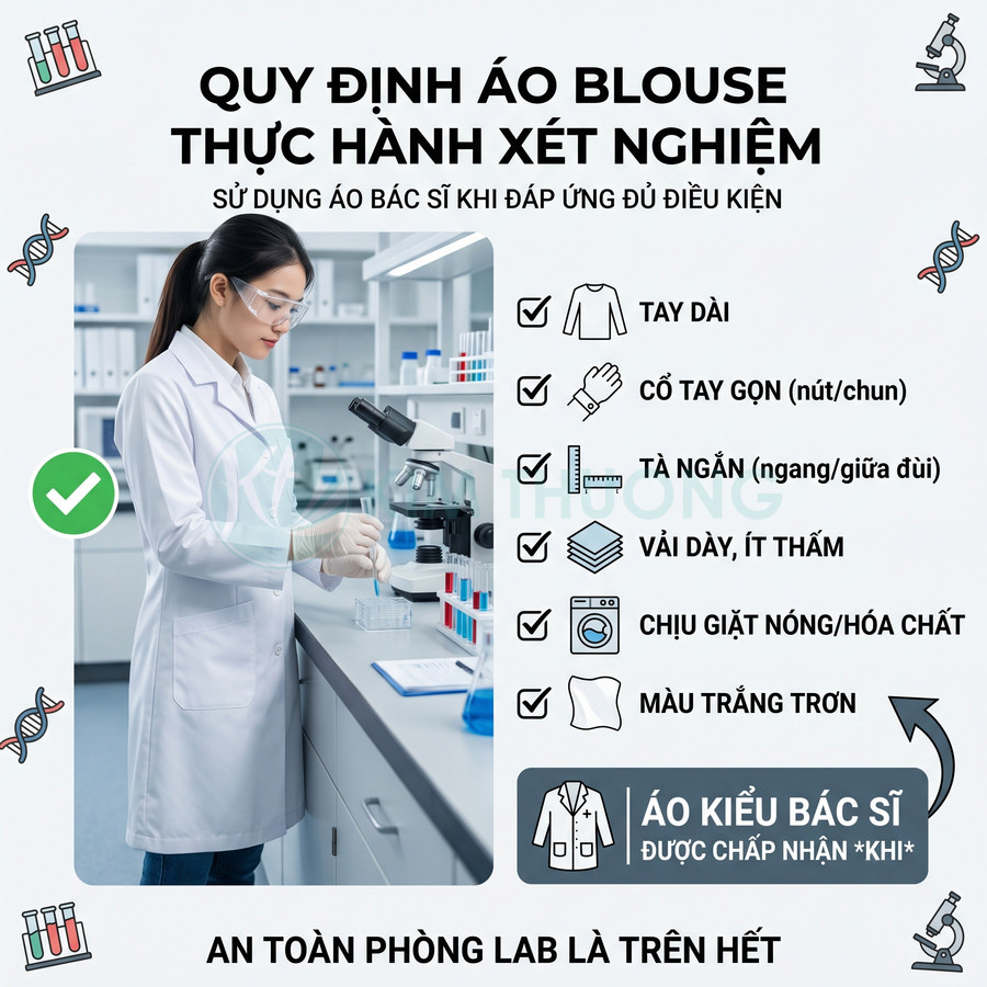 Áo blouse bác sĩ tay dài màu trắng cho thực hành xét nghiệm trong phòng lab an toàn