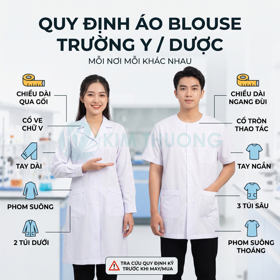 Mẫu áo blouse trường y dược cho nam và nữ với các kiểu cổ tay và chiều dài khác nhau