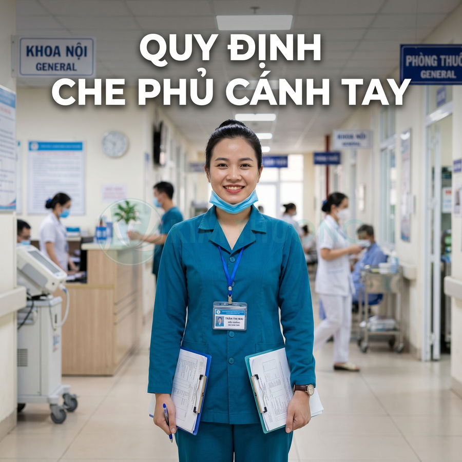 Nhân viên y tế mặc đồng phục xanh cầm hồ sơ bệnh án đứng tại hành lang bệnh viện