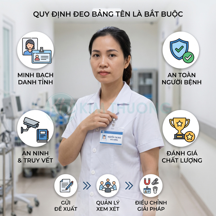 Nữ điều dưỡng mặc áo blouse trắng đeo bảng tên bệnh viện, minh họa quy định bắt buộc đeo thẻ trong bệnh viện