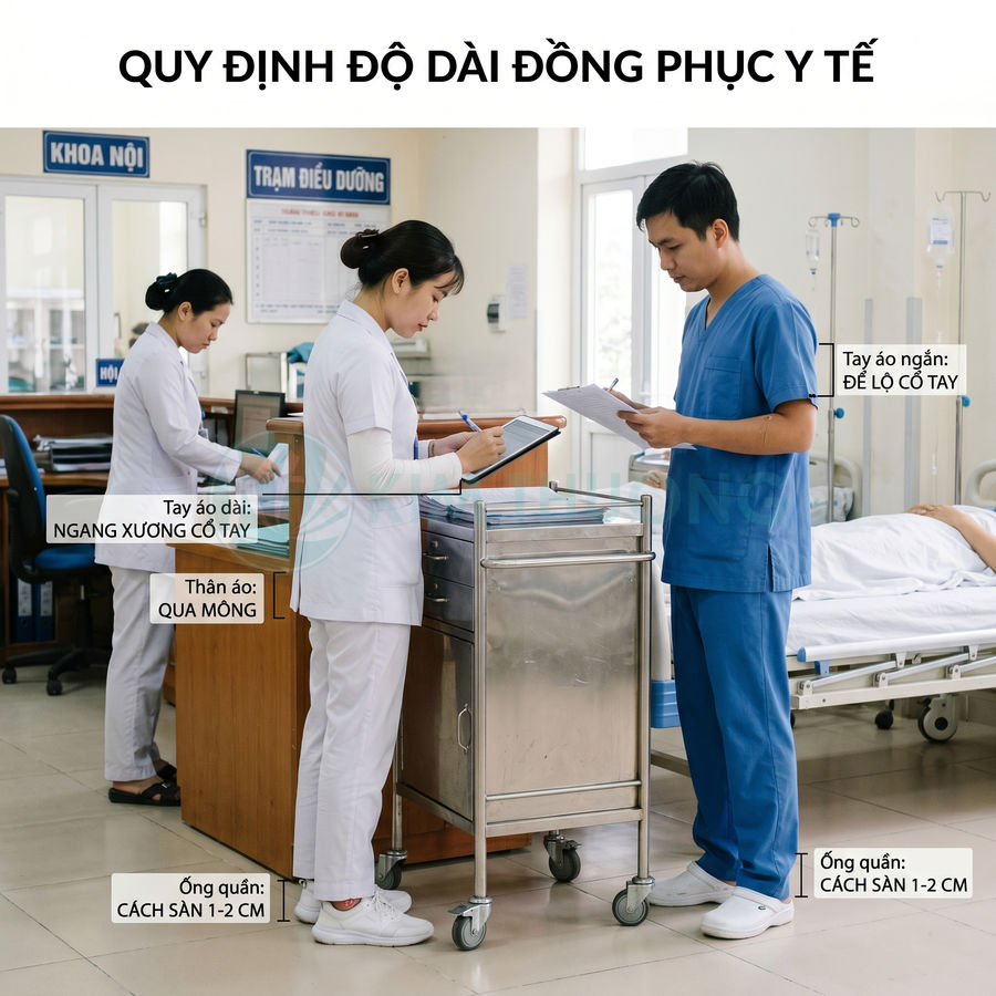 Nhân viên y tế mặc đồng phục bệnh viện trắng và xanh trao đổi hồ sơ bên cạnh giường bệnh