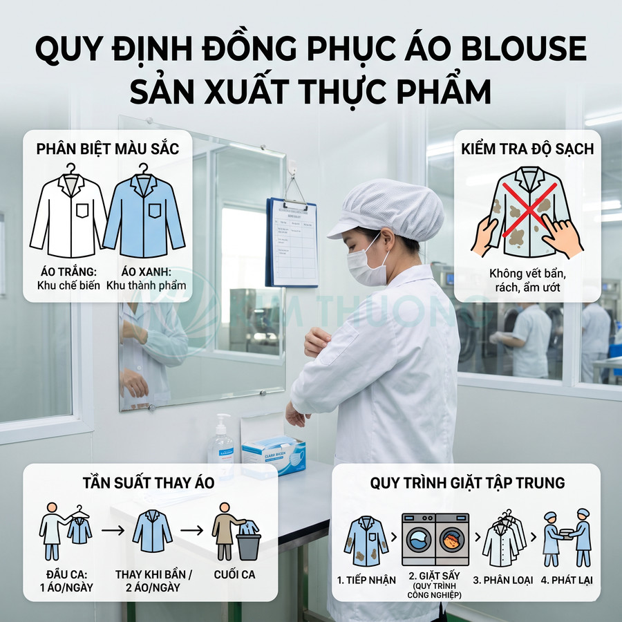 Nhân viên nhà máy thực phẩm mặc áo blouse trắng đội mũ khẩu trang rửa tay trước khi vào khu sản xuất sạch