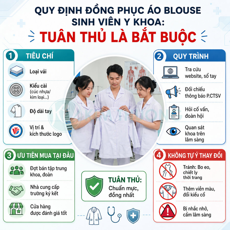 Sinh viên y khoa mặc áo blouse trắng xem mẫu đồng phục và hướng dẫn quy định sử dụng áo blouse