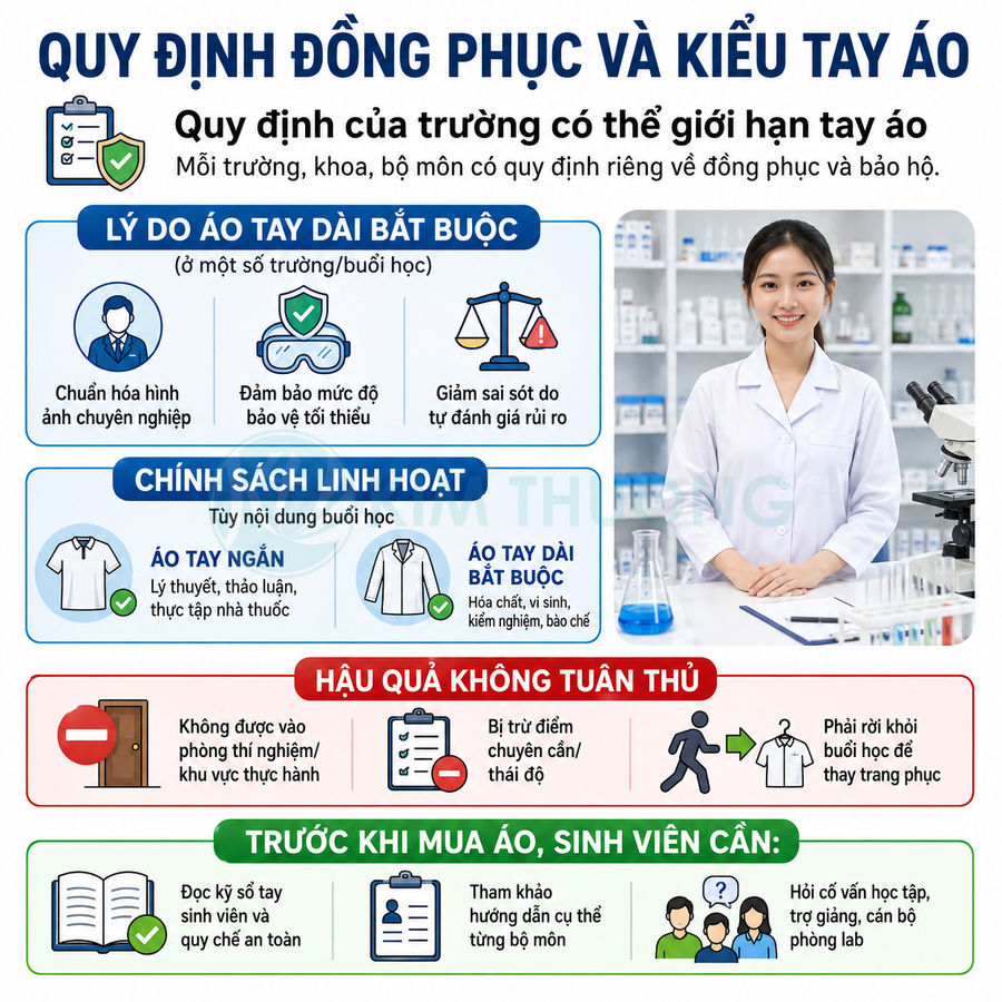 Nữ sinh viên mặc áo blouse trắng đứng trong phòng thí nghiệm với kính hiển vi và dụng cụ hóa học