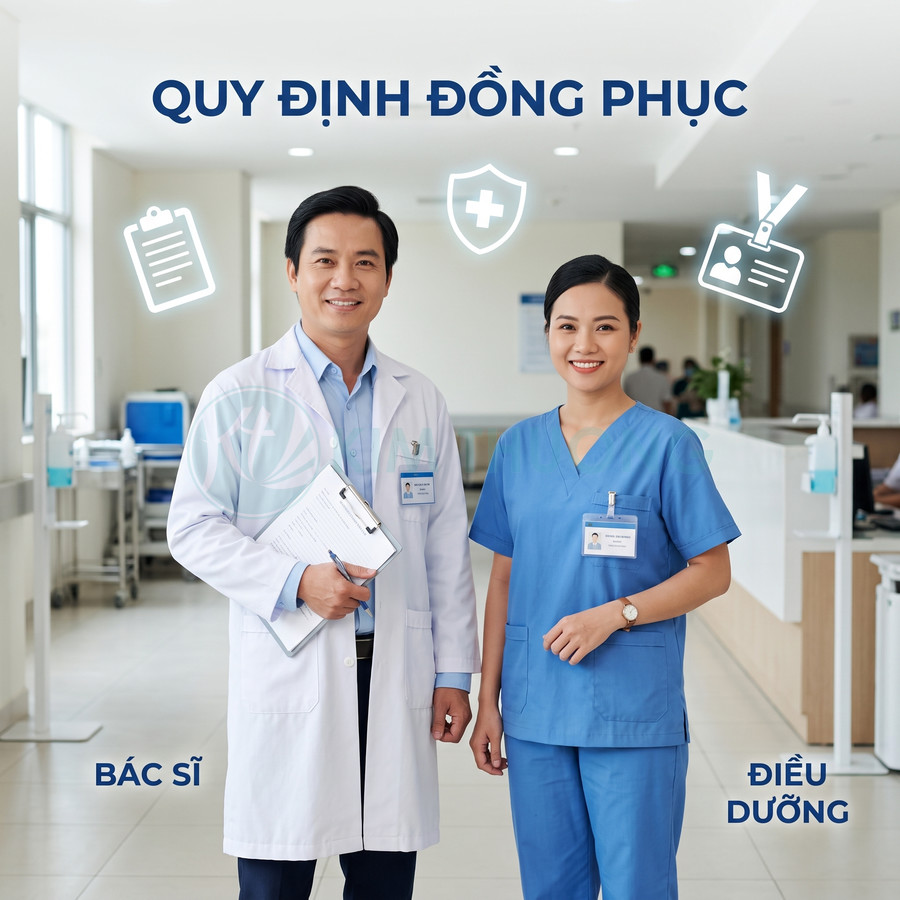 Bác sĩ áo blouse trắng và điều dưỡng mặc đồng phục xanh đứng trong hành lang bệnh viện