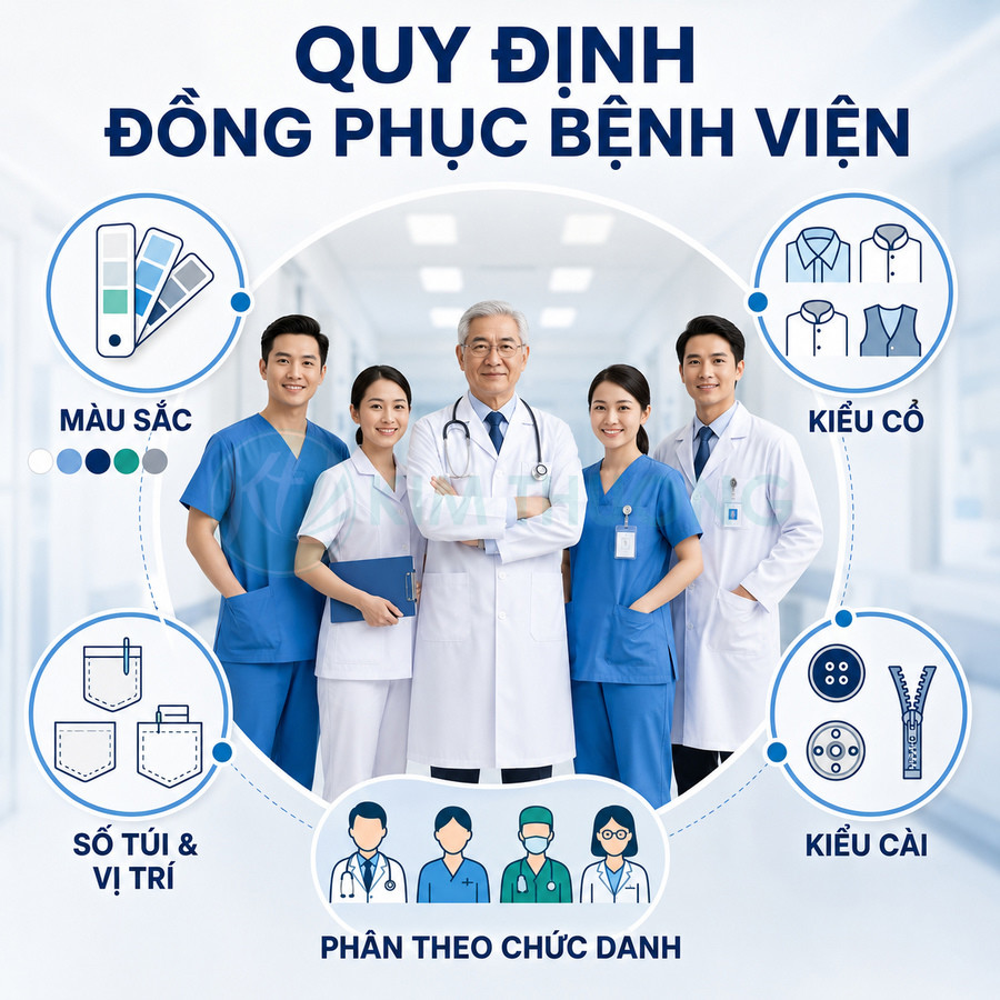 Quy định đồng phục bệnh viện với bác sĩ và y tá mặc áo blouse, scrub xanh, minh họa màu sắc, kiểu cổ, túi và kiểu cài