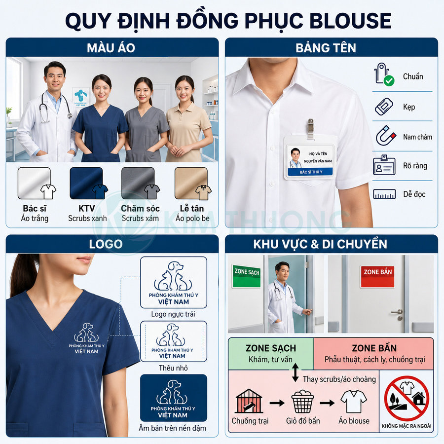 Quy định đồng phục blouse phòng khám thú y Việt Nam với màu áo, logo, bảng tên và khu vực di chuyển