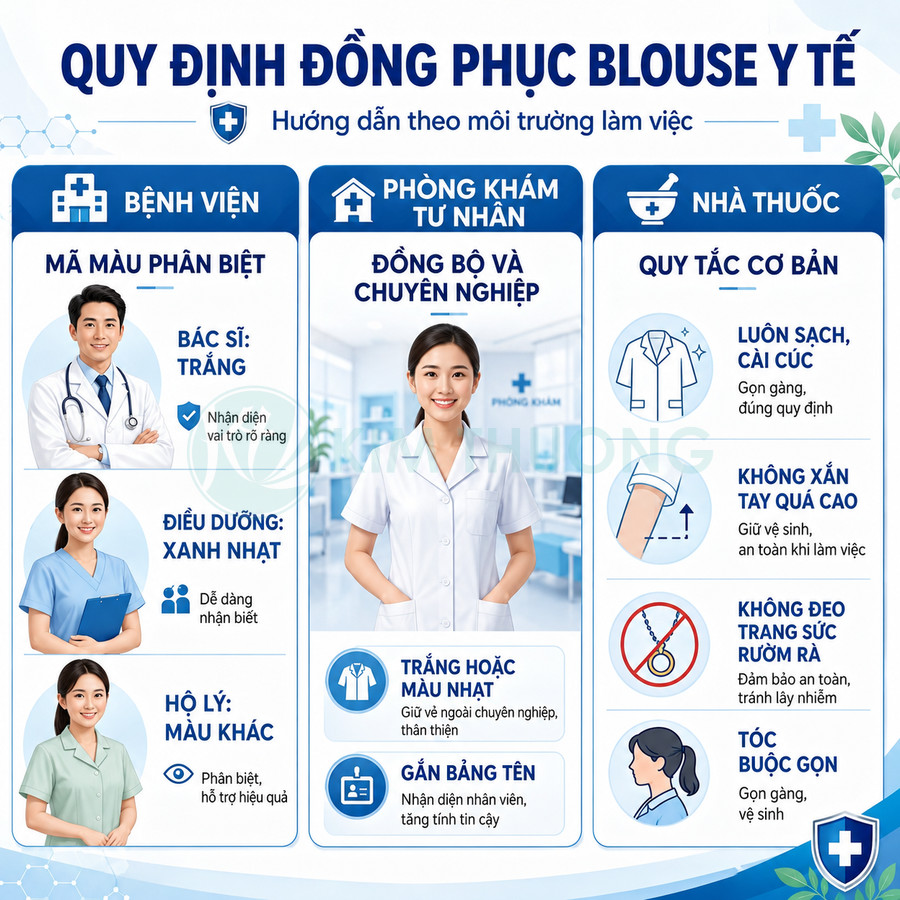 Quy định đồng phục blouse y tế cho bác sĩ, điều dưỡng, hộ lý và nhân viên nhà thuốc trong từng môi trường làm việc