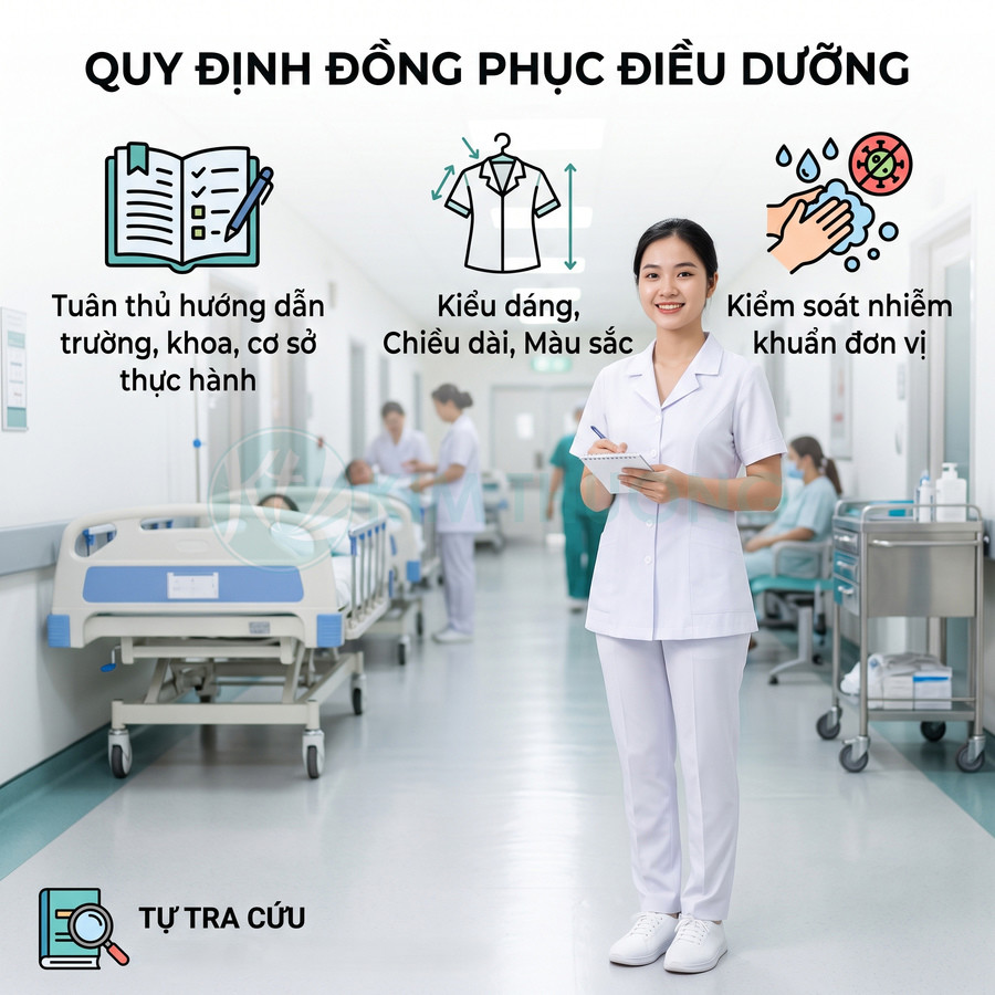 Nữ điều dưỡng mặc đồng phục trắng đứng trong hành lang bệnh viện, cầm sổ ghi chép chăm sóc bệnh nhân