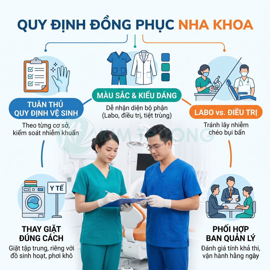 Nhân viên nha khoa mặc đồng phục y tế xanh dương và xanh ngọc trao đổi hồ sơ trong phòng khám hiện đại