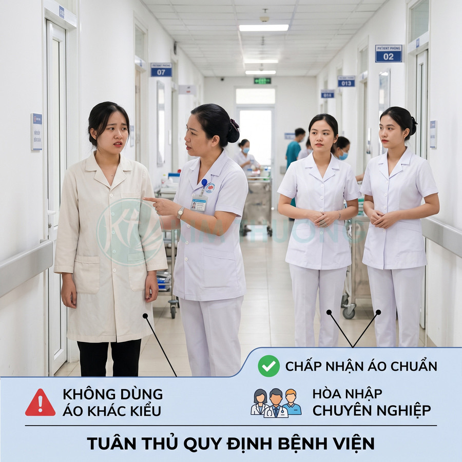 Điều dưỡng mặc đồng phục y tá trắng đúng quy định bệnh viện hướng dẫn nhân viên không mặc áo khác kiểu