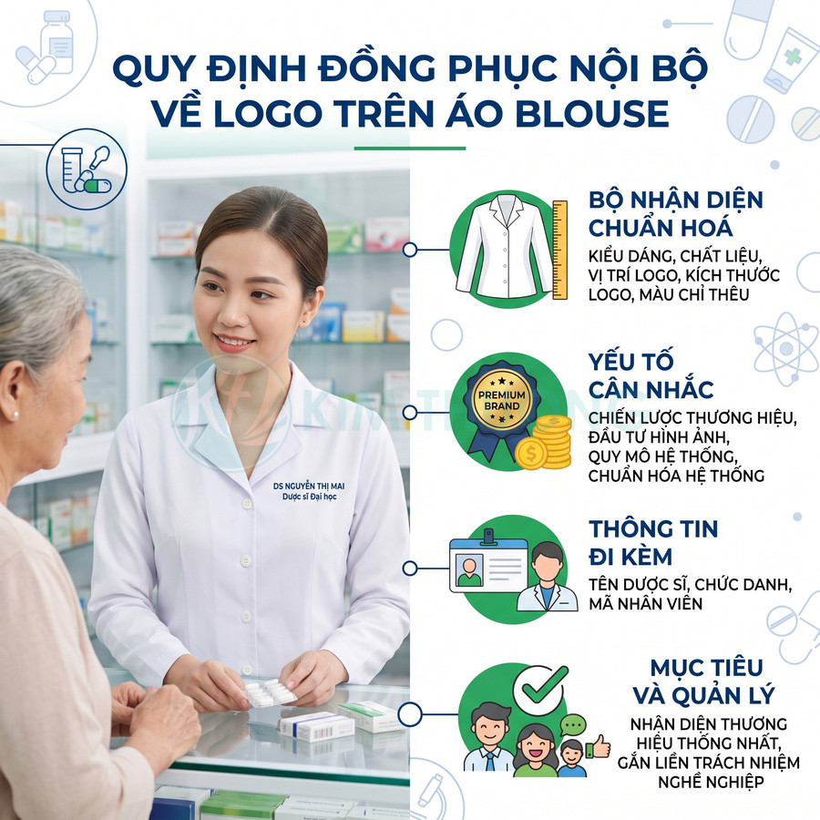 Dược sĩ mặc áo blouse trắng có thêu logo và tên trên ngực đang tư vấn thuốc cho khách tại nhà thuốc