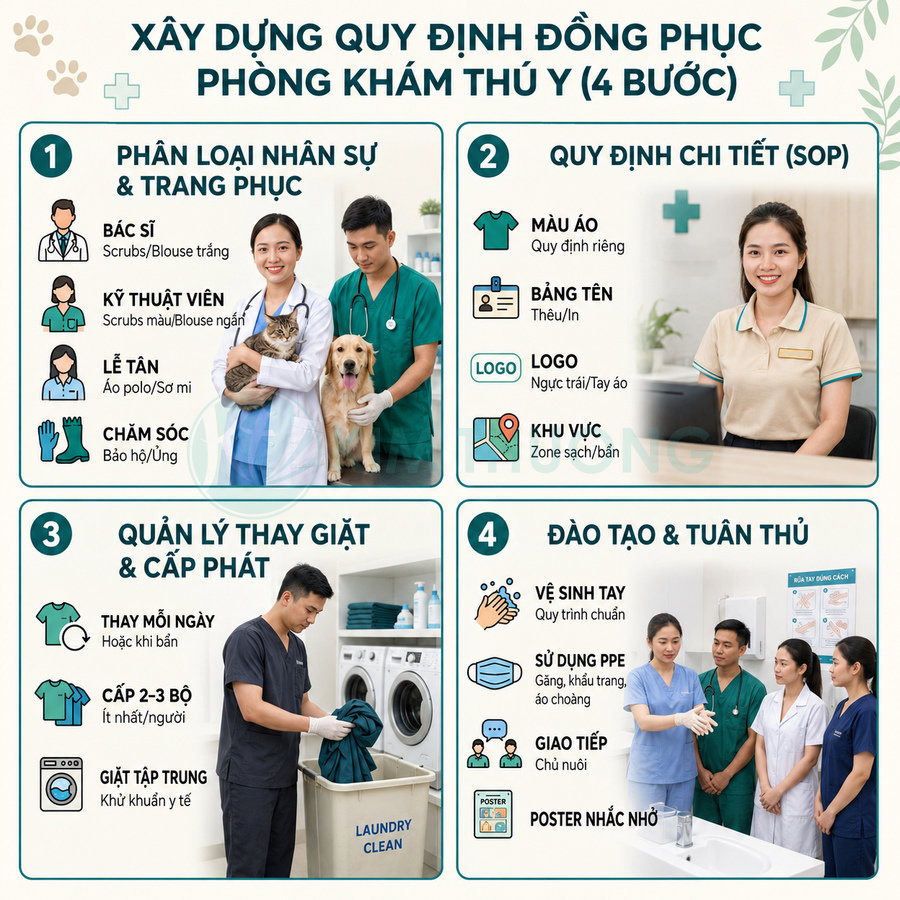 Infographic hướng dẫn xây dựng quy định đồng phục và vệ sinh cho nhân viên phòng khám thú y