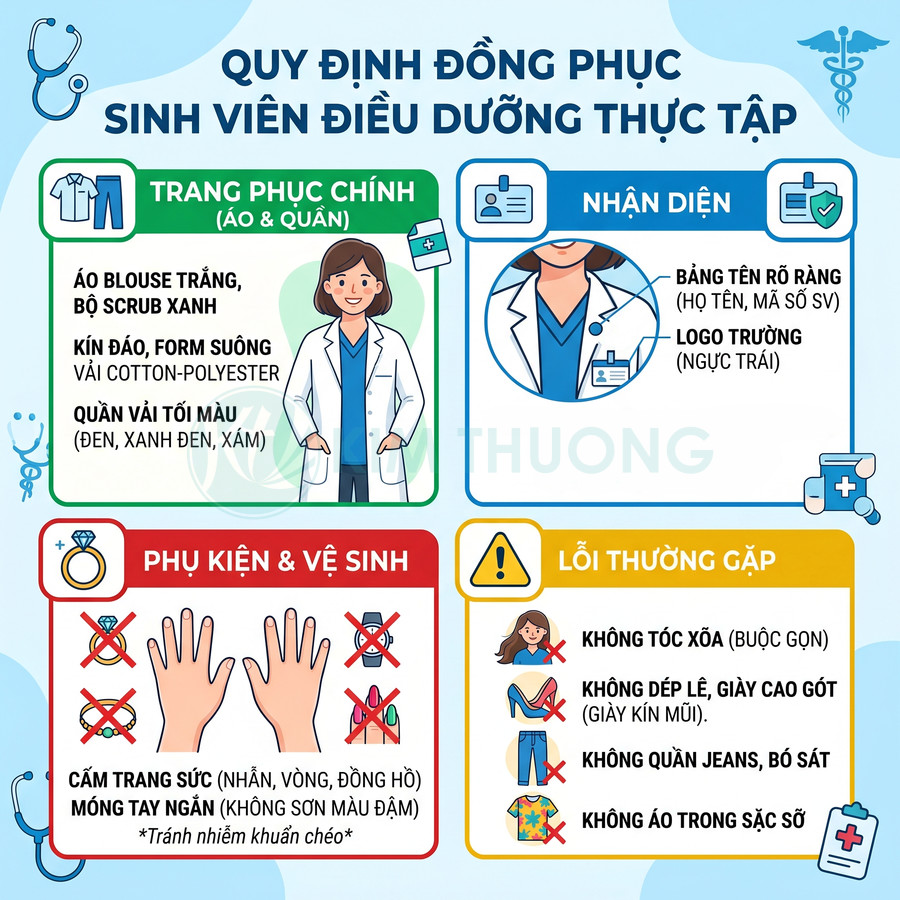 Quy định đồng phục sinh viên điều dưỡng thực tập với áo blouse trắng, quần tối màu và phụ kiện vệ sinh