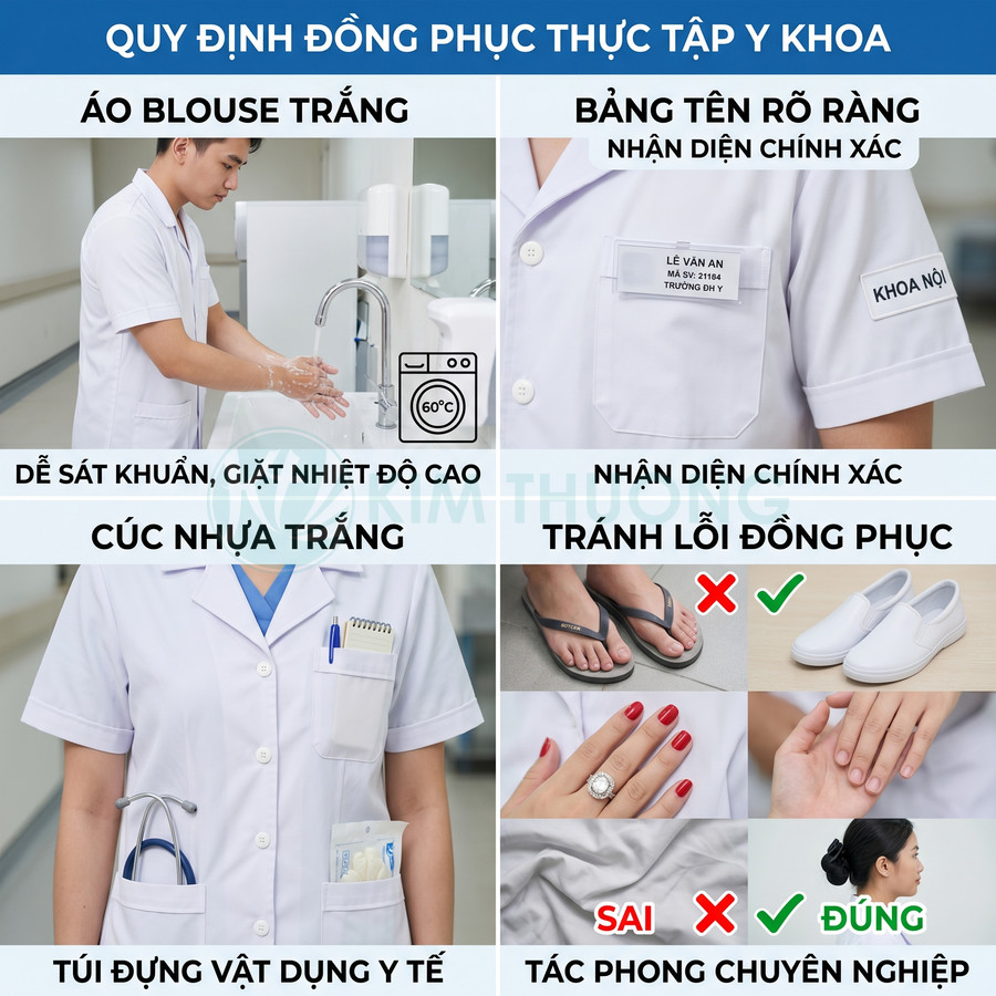 Quy định đồng phục thực tập y khoa với áo blouse trắng, bảng tên rõ ràng, giày kín mũi và tác phong chuyên nghiệp