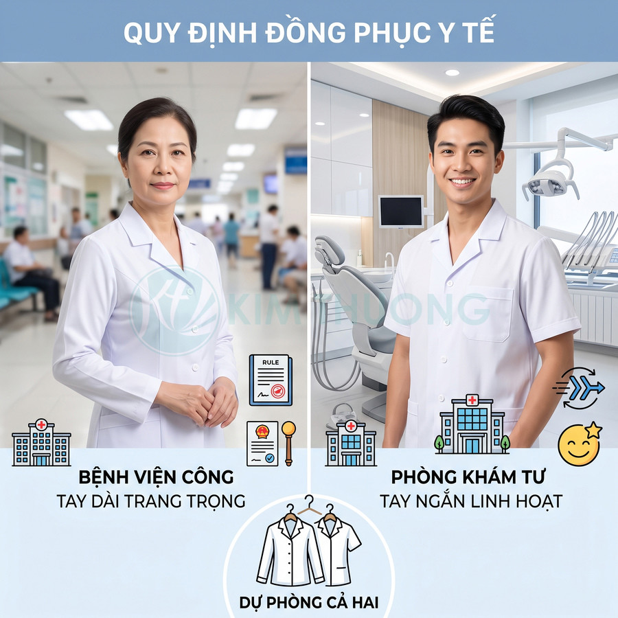 Đồng phục y tế màu trắng tay dài cho bệnh viện công và tay ngắn cho phòng khám tư, thiết kế trang nhã