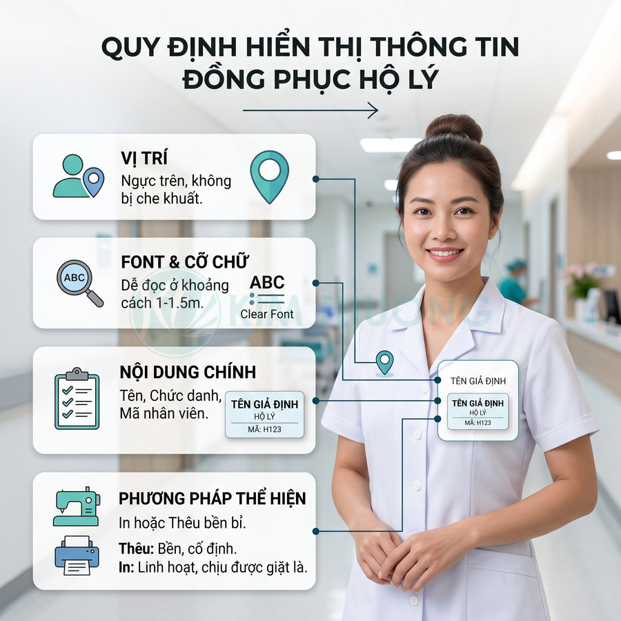 Đồng phục hộ lý màu trắng với bảng tên in rõ ràng trên ngực theo quy định hiển thị thông tin