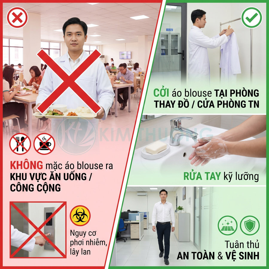 Quy định sử dụng áo blouse: không mặc ở khu ăn uống, thay đồ đúng nơi và rửa tay kỹ lưỡng