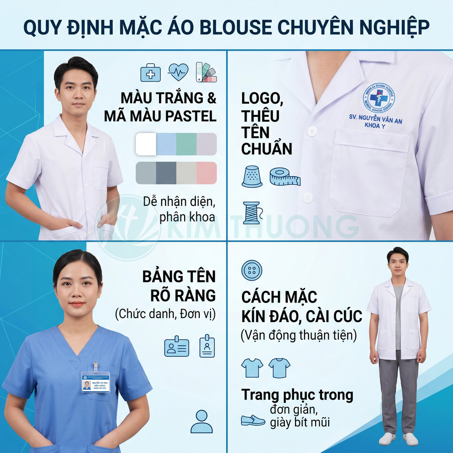 Quy định mặc áo blouse chuyên nghiệp với màu trắng pastel, logo thêu, bảng tên rõ ràng và cách mặc kín đáo