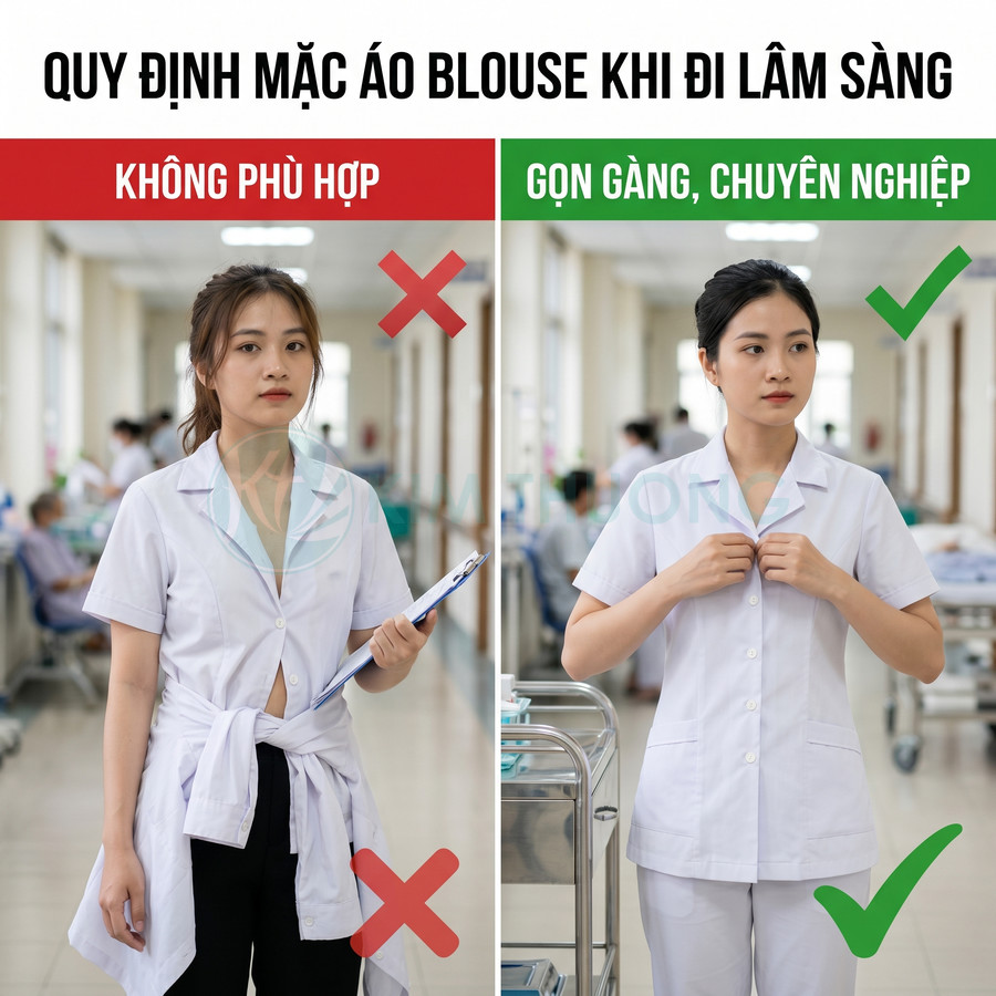 So sánh cách mặc áo blouse không phù hợp và gọn gàng chuyên nghiệp của nữ nhân viên y tế
