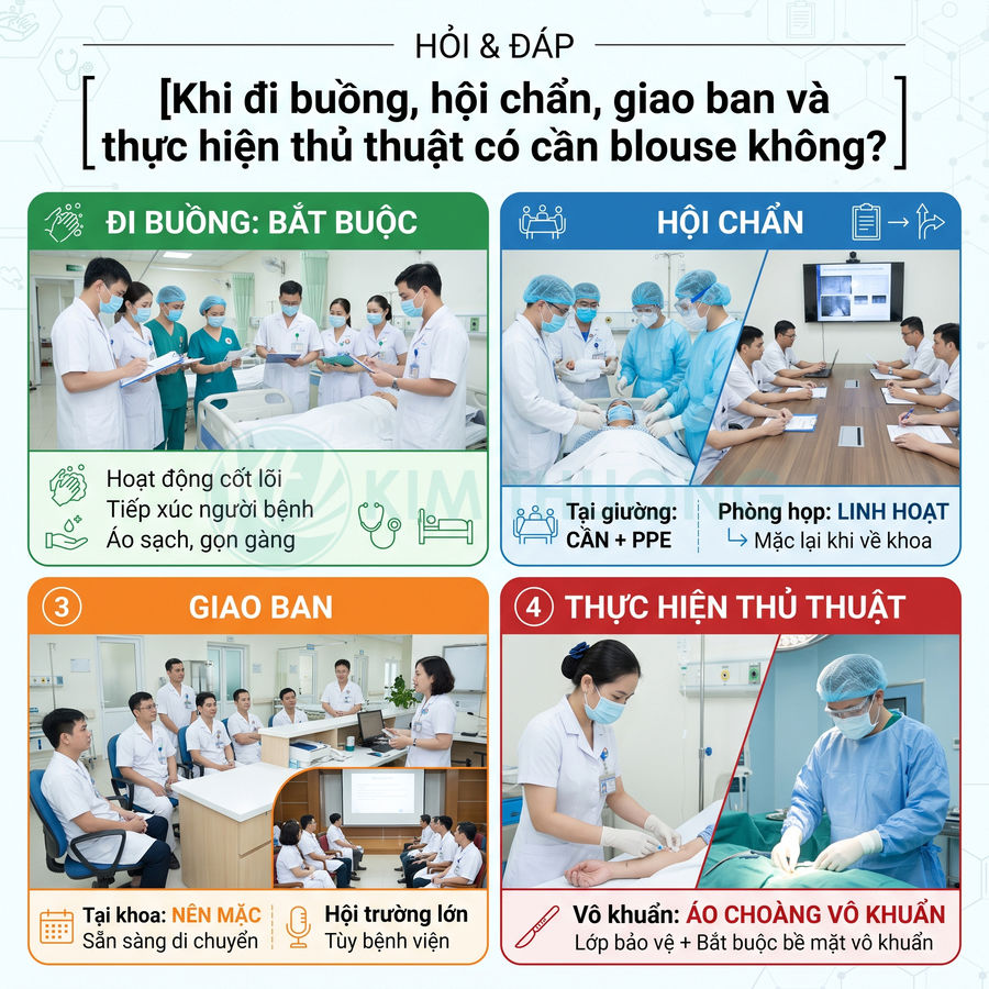 Hướng dẫn mặc áo blouse cho bác sĩ khi đi buồng, hội chẩn, giao ban và thực hiện thủ thuật trong bệnh viện