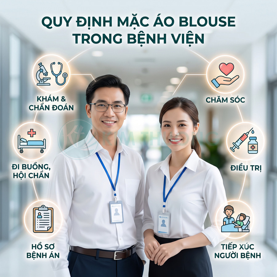 Hai nhân viên y tế mặc áo sơ mi trắng, đeo thẻ tên trong bệnh viện với các biểu tượng quy định mặc áo blouse
