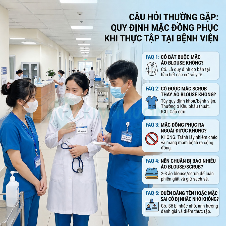 Sinh viên y khoa mặc áo blouse và scrub xanh trao đổi về quy định đồng phục khi thực tập tại bệnh viện