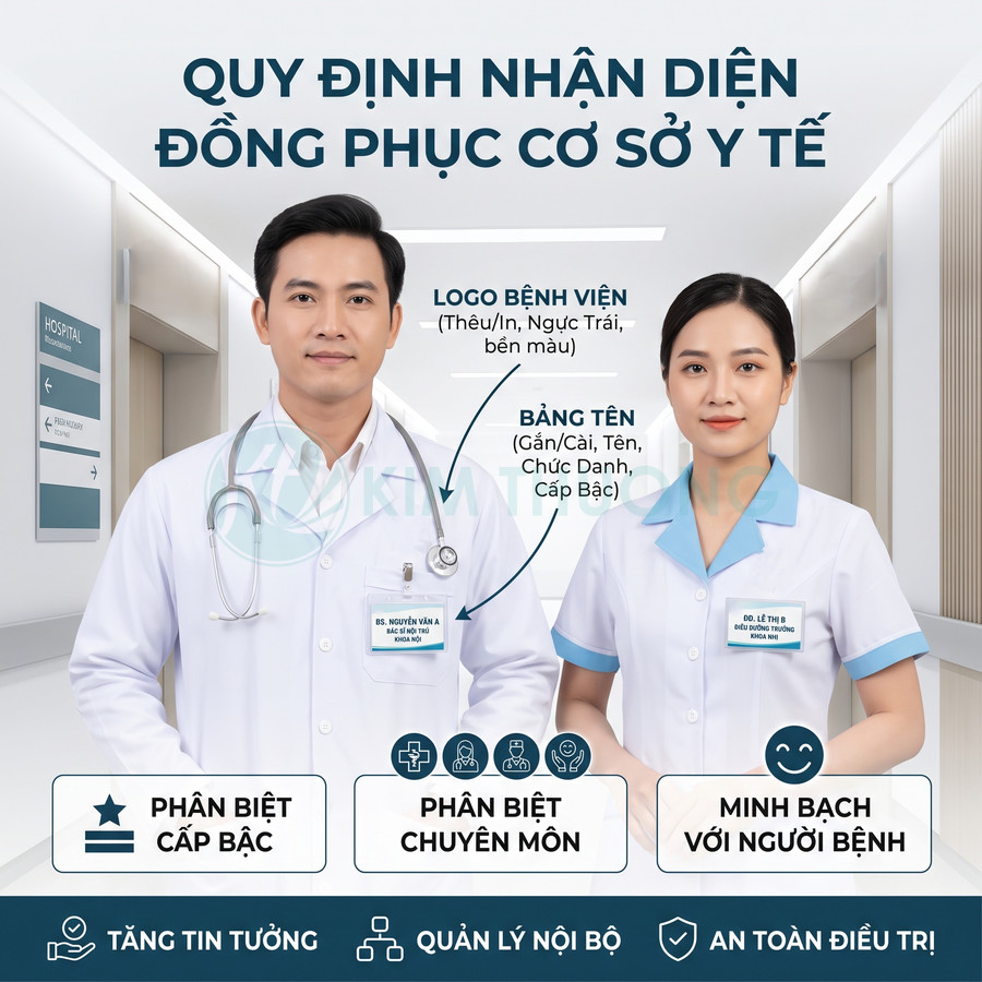 Đồng phục bác sĩ và điều dưỡng với áo blouse trắng, bảng tên và logo bệnh viện rõ ràng trong hành lang cơ sở y tế
