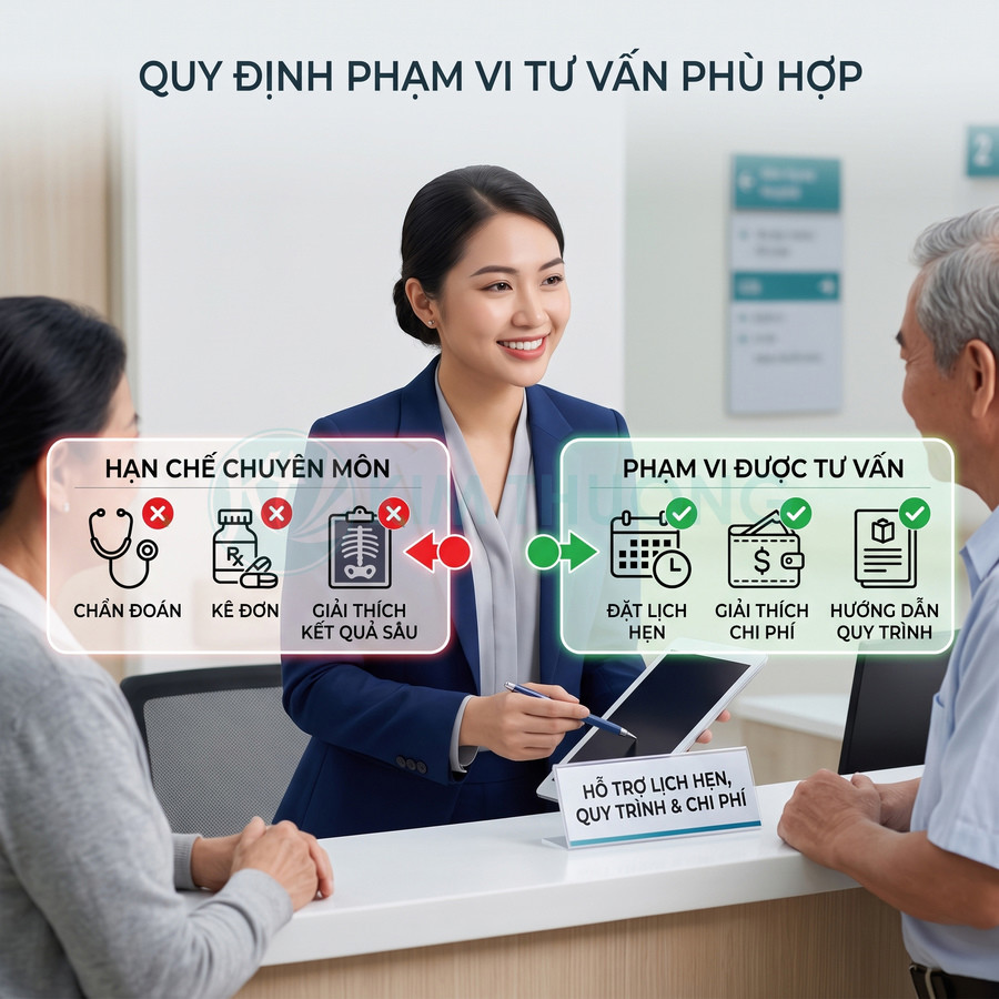 Nhân viên lễ tân bệnh viện tư vấn đặt lịch hẹn, giải thích chi phí và hướng dẫn quy trình cho bệnh nhân