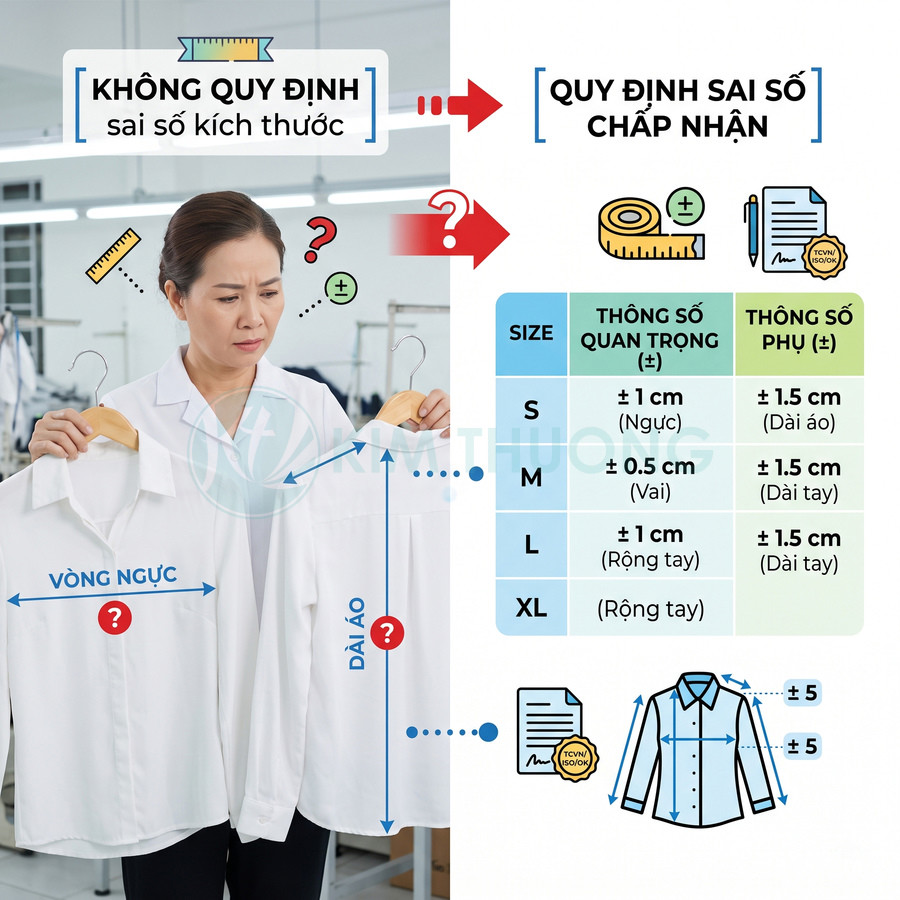 Bảng quy định sai số kích thước áo sơ mi trắng và nhân viên kiểm tra vòng ngực, chiều dài áo