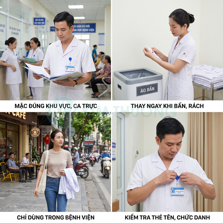 Bác sĩ và y tá mặc áo blouse trắng đúng quy định, thay áo bẩn rách và chỉ sử dụng trong bệnh viện