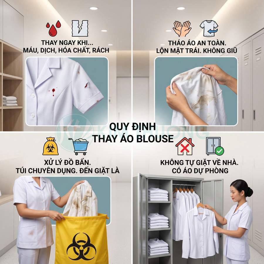 Quy định thay áo blouse y tế bẩn dính máu dịch, cho vào túi chuyên dụng và lấy áo sạch từ tủ dự phòng