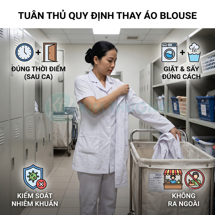 Nữ nhân viên y tế cởi áo blouse bỏ vào xe giặt trong phòng thay đồ bệnh viện