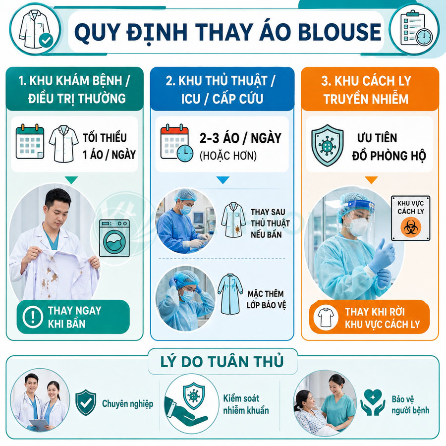 Quy định thay áo blouse cho bác sĩ tại khu khám bệnh, phẫu thuật và khu cách ly để kiểm soát nhiễm khuẩn