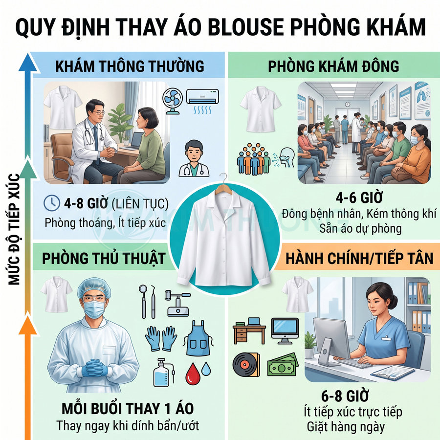 Quy định thay áo blouse phòng khám theo từng khu: khám thường, phòng khám đông, phòng thủ thuật, hành chính tiếp tân