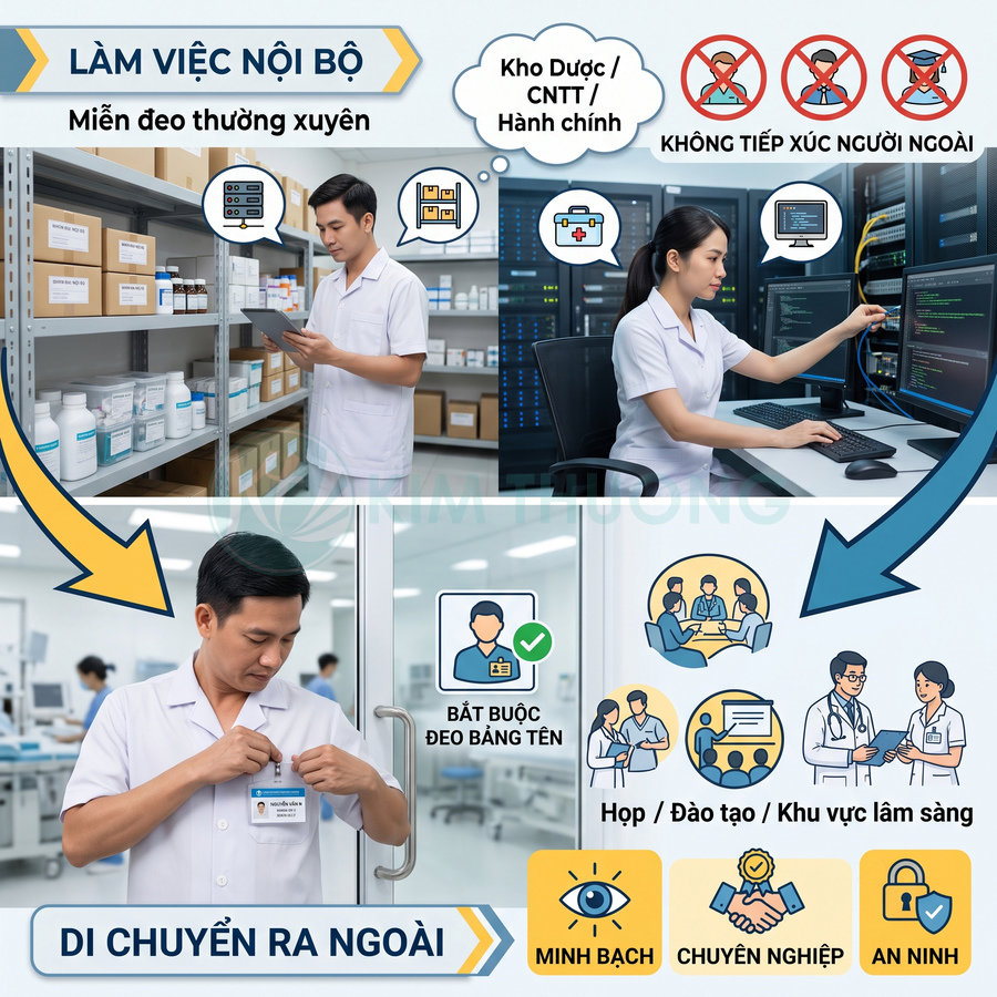 Nhân viên y tế làm việc nội bộ và di chuyển ra ngoài, tuân thủ quy định đeo bảng tên và an ninh bệnh viện