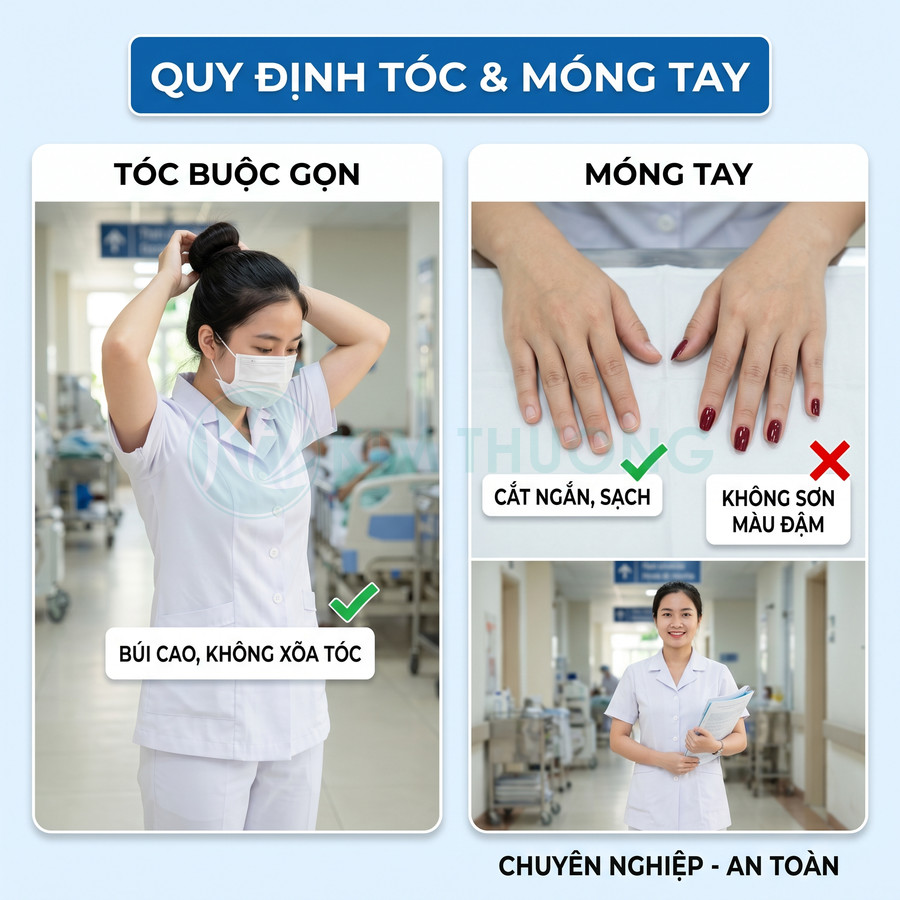 Quy định tóc và móng tay cho điều dưỡng bệnh viện với tóc búi gọn và móng tay cắt ngắn sạch