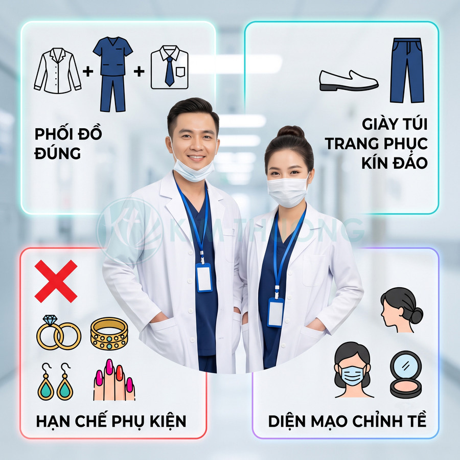 Quy định trang phục y tá bác sĩ với áo blouse trắng, đồ scrub xanh, giày kín và phụ kiện tối giản