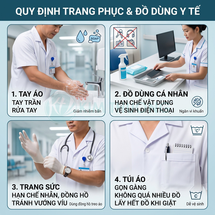 Quy định trang phục và đồ dùng y tế cho nhân viên y tế: rửa tay, hạn chế đồ cá nhân, ít trang sức, túi áo gọn gàng
