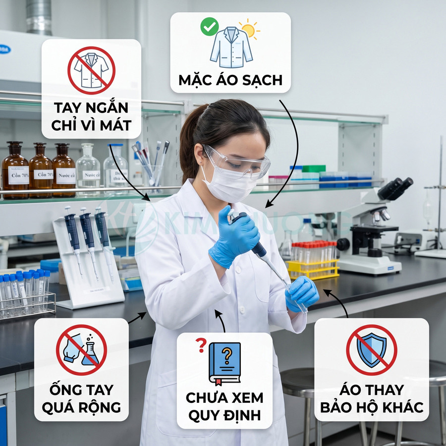Nhân viên phòng thí nghiệm mặc áo blouse sạch, đeo khẩu trang, kính bảo hộ và găng tay đang thao tác pipet