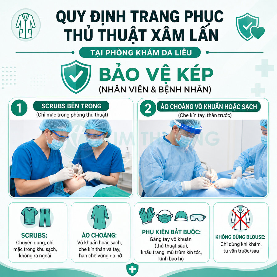 Bác sĩ da liễu mặc đồ phẫu thuật vô khuẩn, đeo khẩu trang và găng tay thực hiện thủ thuật cho bệnh nhân