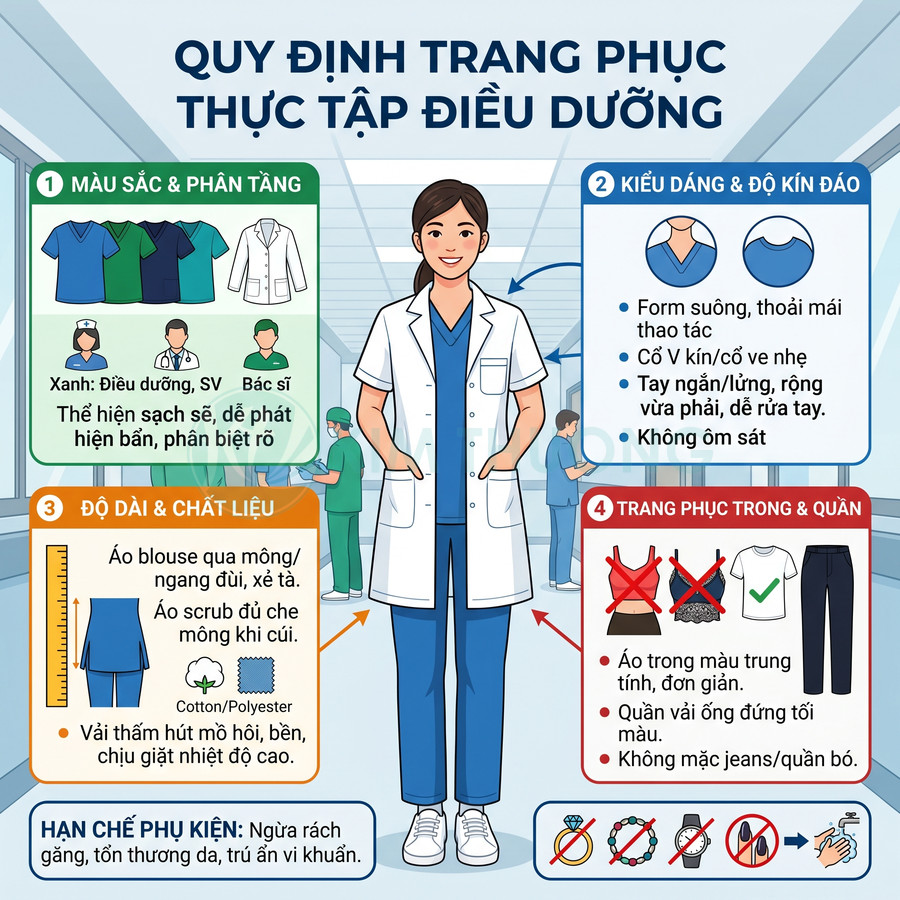 Quy định trang phục thực tập điều dưỡng với mẫu điều dưỡng mặc áo blouse trắng và đồ scrub xanh