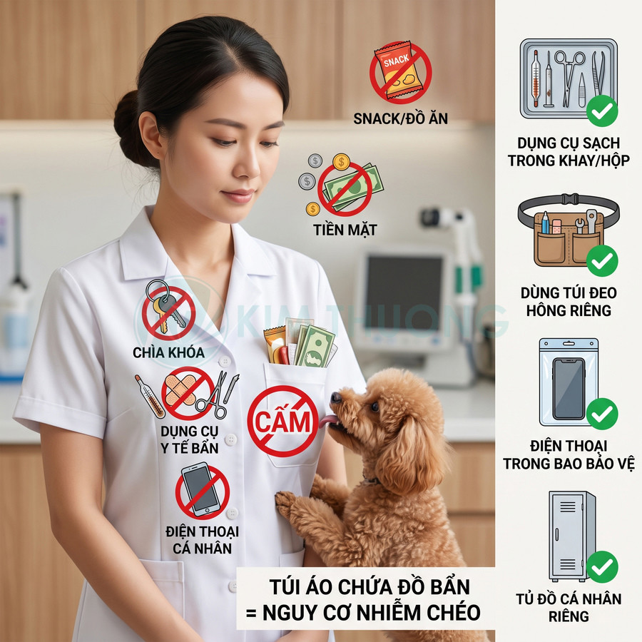 Bác sĩ thú y mặc áo blouse trắng hướng dẫn không để đồ cá nhân bẩn trong túi áo để tránh nguy cơ nhiễm khuẩn