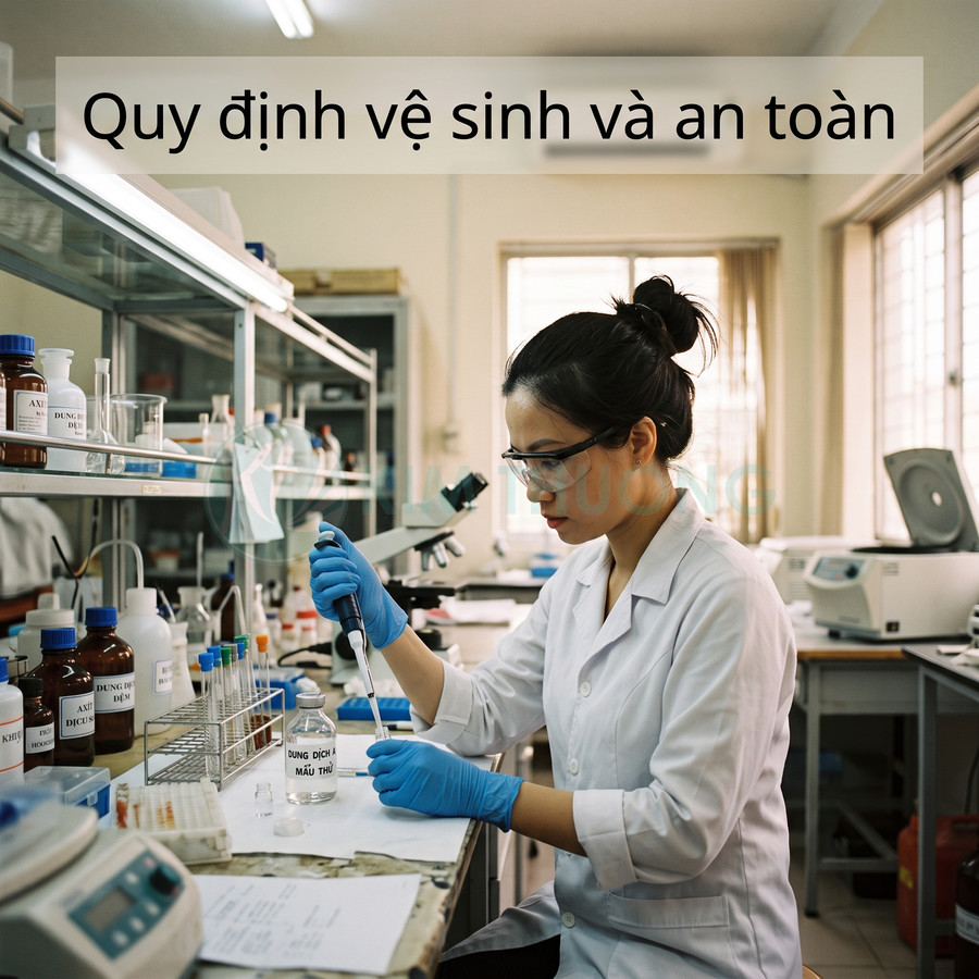 Nhân viên phòng thí nghiệm đeo găng tay và kính bảo hộ thao tác với dung dịch mẫu thử trên bàn lab