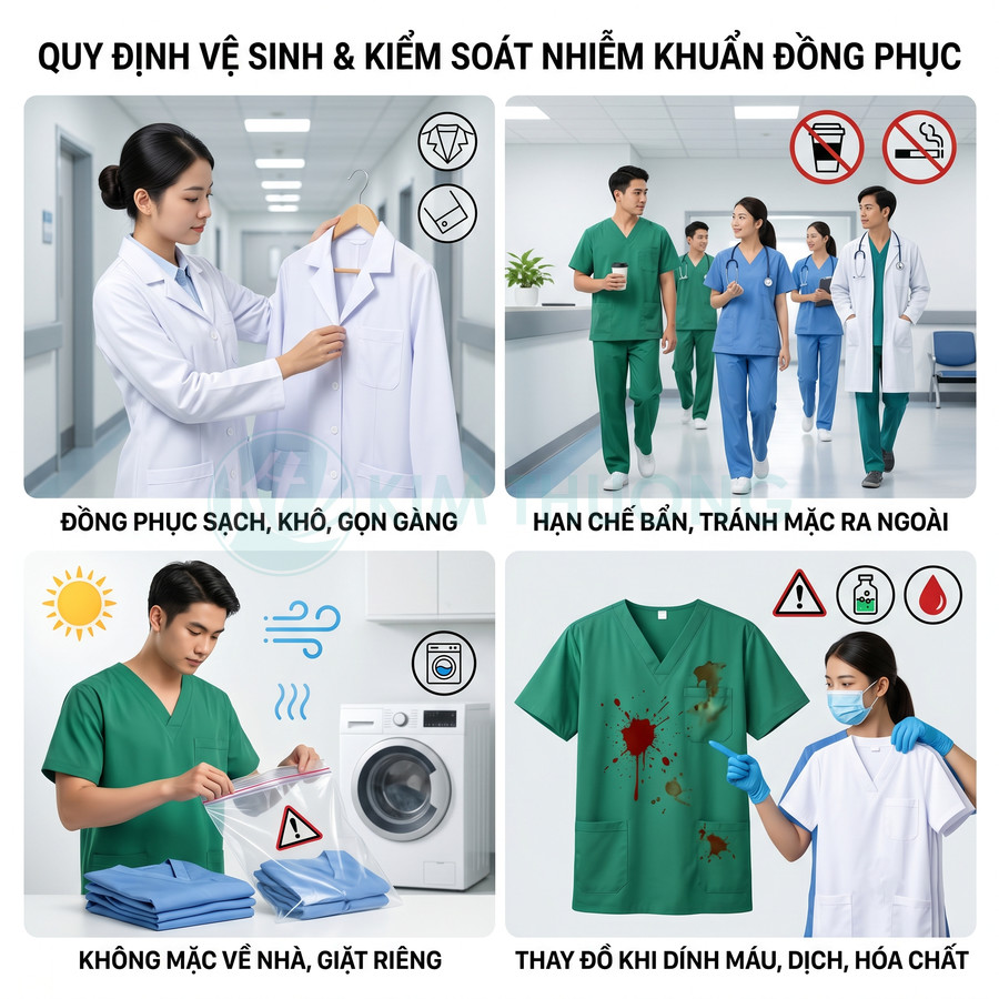Quy định vệ sinh kiểm soát nhiễm khuẩn với đồng phục y tế sạch, giặt riêng và thay khi dính máu dịch