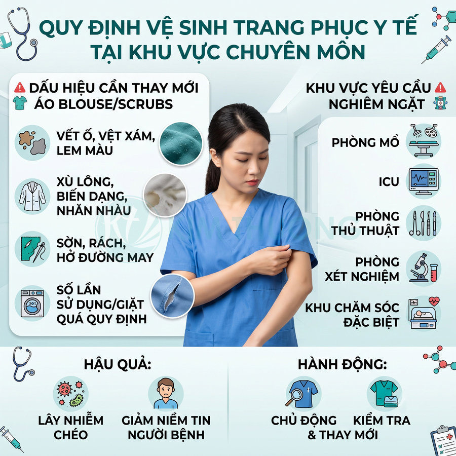 Nữ nhân viên y tế mặc áo blouse xanh kiểm tra tay áo, minh họa quy định vệ sinh trang phục y tế