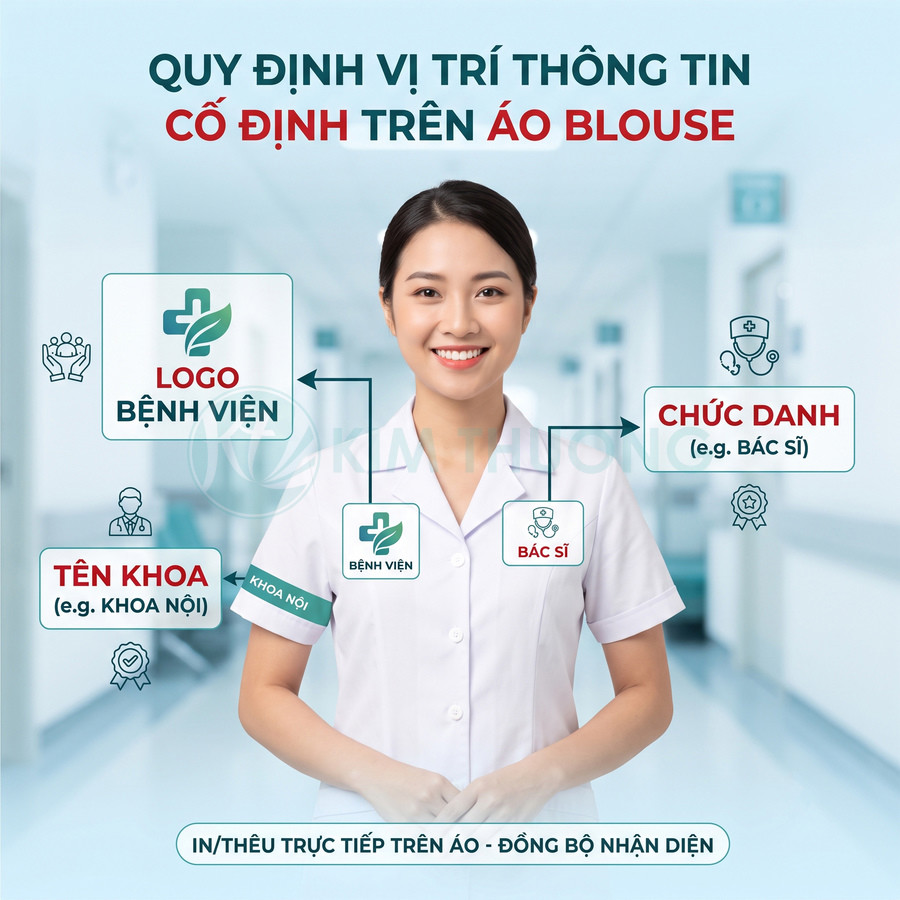 Quy định vị trí in thêu logo bệnh viện, tên khoa và chức danh trên áo blouse y tá nữ