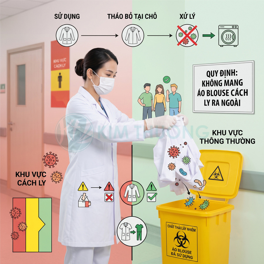 Nhân viên y tế tháo áo blouse dính vi khuẩn và bỏ vào thùng rác y tế màu vàng trong khu cách ly