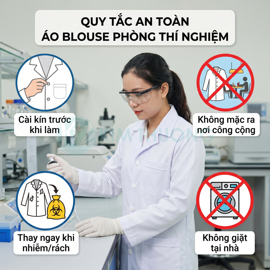Nhân viên phòng thí nghiệm mặc áo blouse trắng, minh họa quy tắc an toàn khi sử dụng và giặt áo blouse